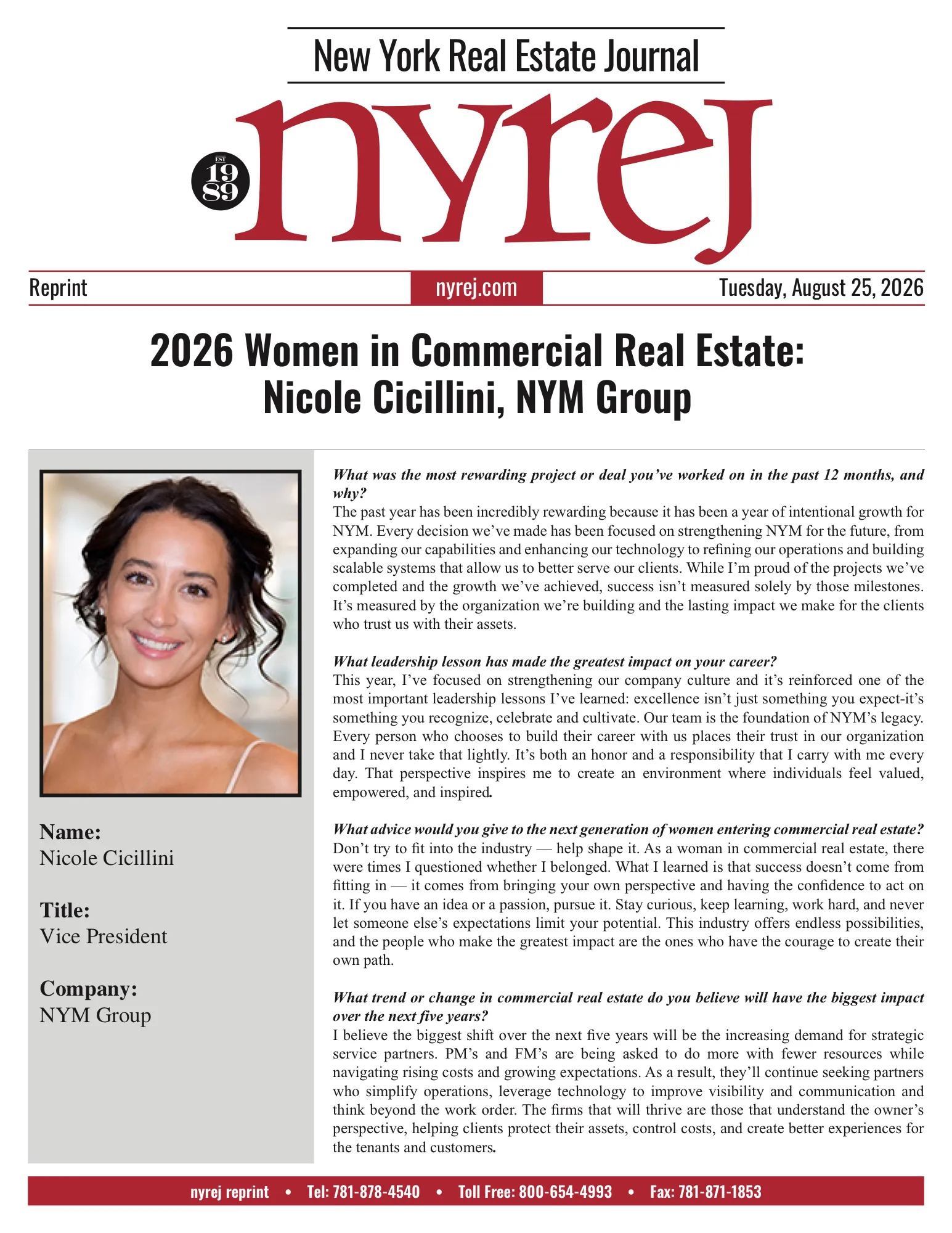 New York Real Estate Journal reprint: "2026 Women in Commercial Real Estate: Nicole Cicillini, NYM Group", August 25, 2026
