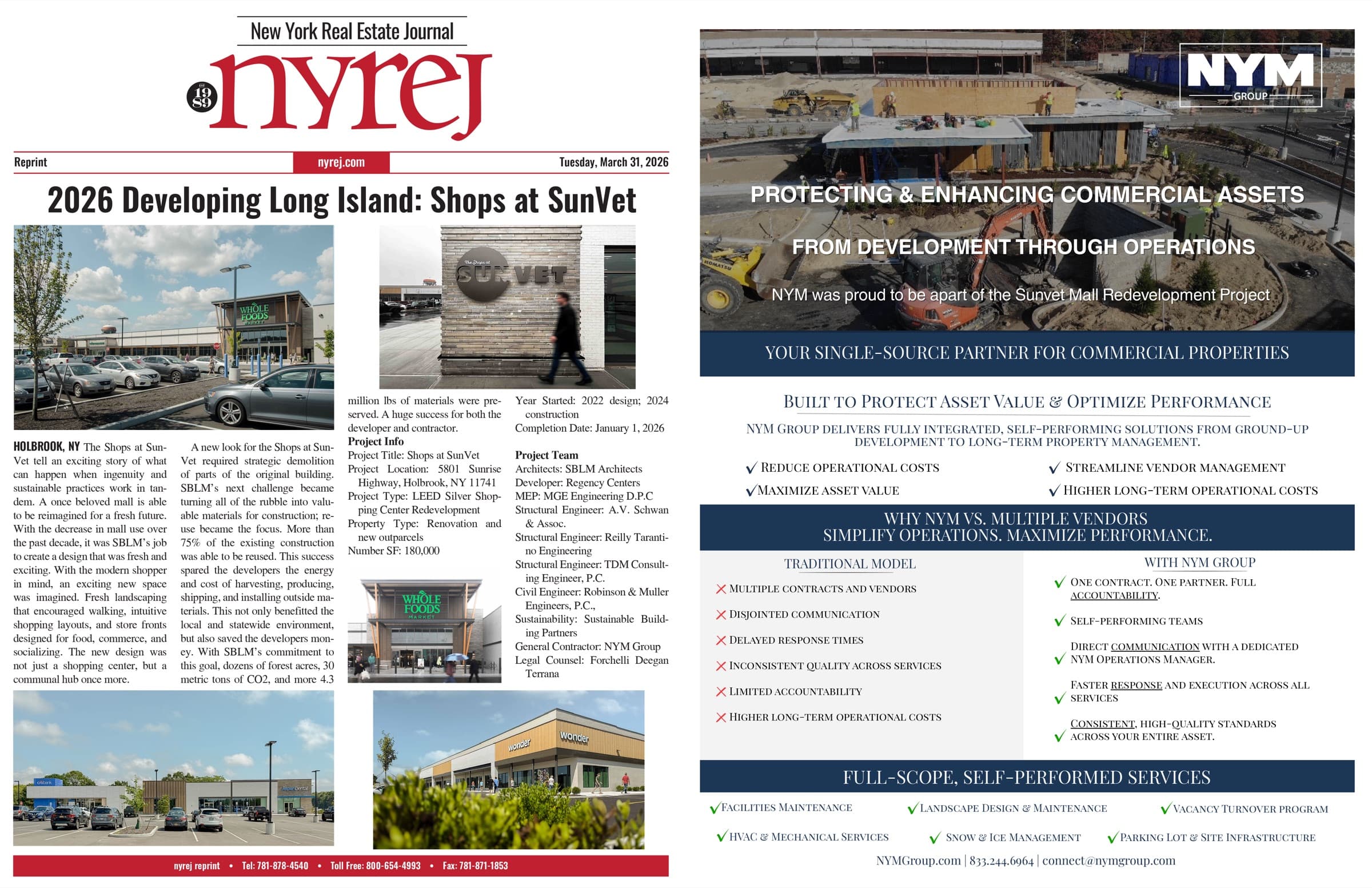New York Real Estate Journal reprint spread: "2026 Developing Long Island: Shops at SunVet" article alongside a full-page NYM Group advertisement, March 31, 2026